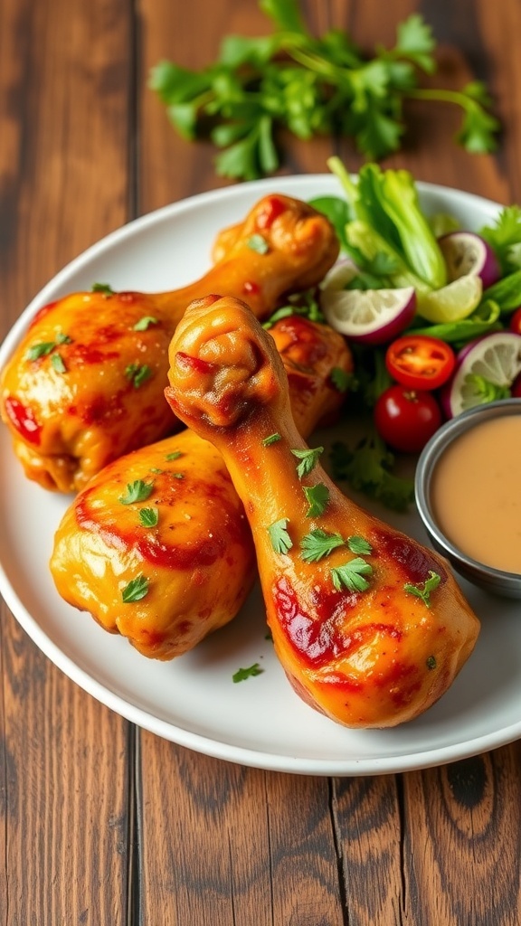 Oven-Baked Chicken Drumsticks Recipe Crispy oven-baked chicken drumsticks on a plate with herbs and salad.